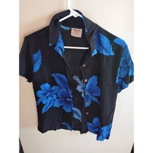 Aloha Hut Hawaii Mens Small Black Blue Hibiscus Floral Rayon Button Front Shirt